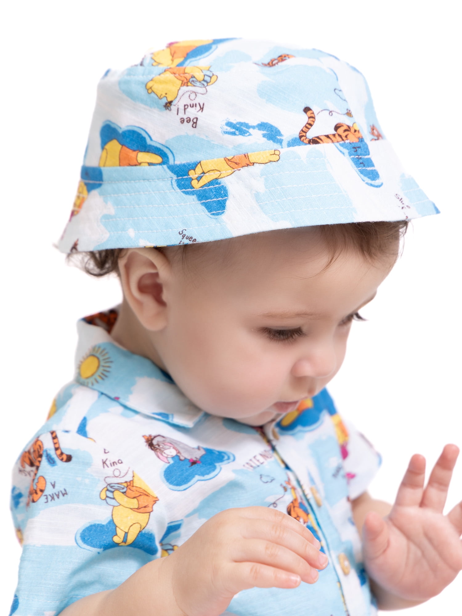 Winnie the Pooh Baby Boys' Print Cotton Romper and Bucket Hat Set, 2-Piece, Sizes 0/3M-24M