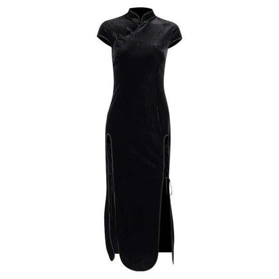 Yokua Women Sexy Short Sleeve Velvet Buttons Side Split Lace-Up Long Cheongsam Dress