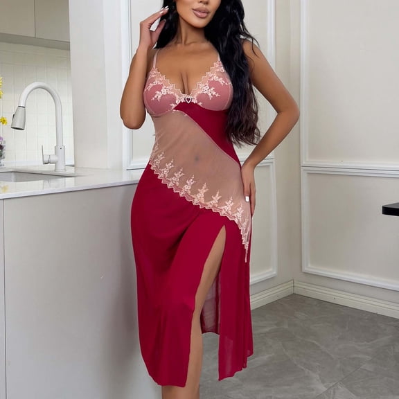 Womens Sleepwear Lace Mesh Patchwork Nightgown Chemises Sheer V Neck Side Split Long Sleep Dress with Panties Red XL