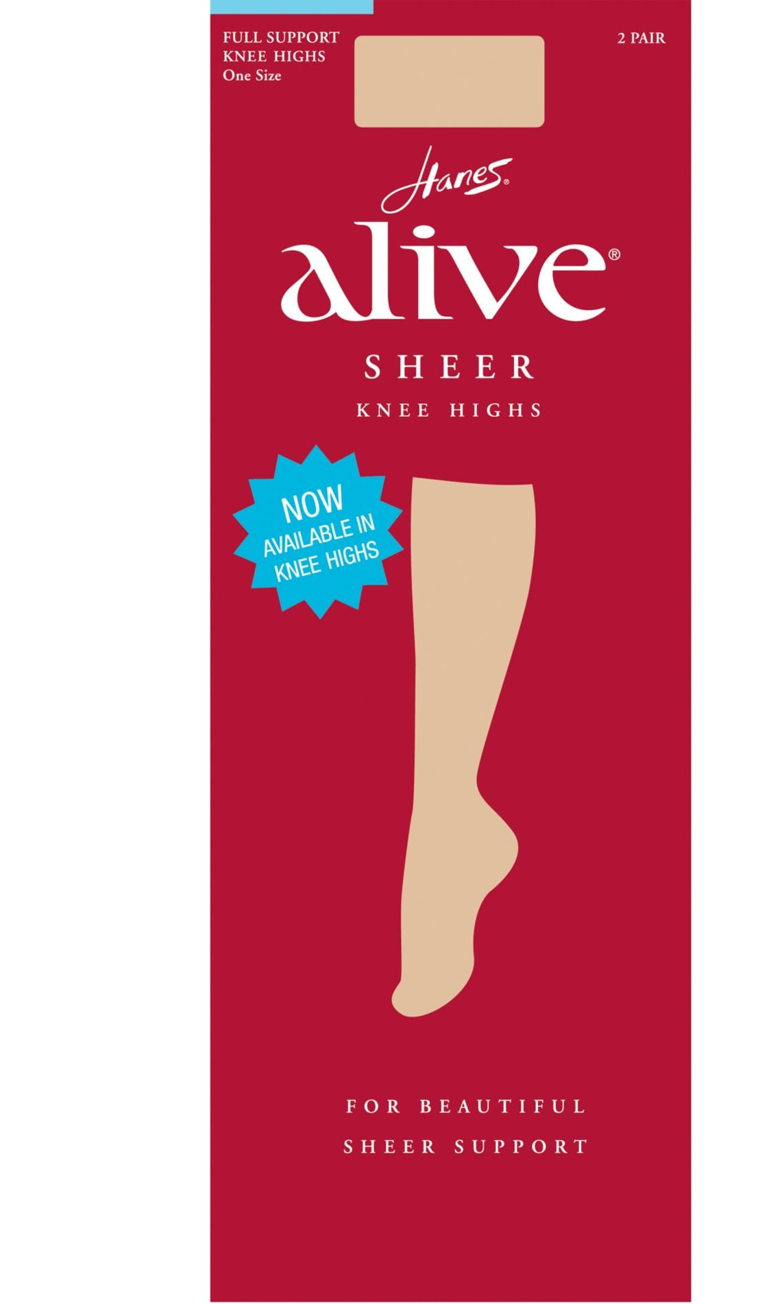 Hanes Alive Full Support Sheer Knee Highs 2-Pack Barely There ONE SIZE  Women's 