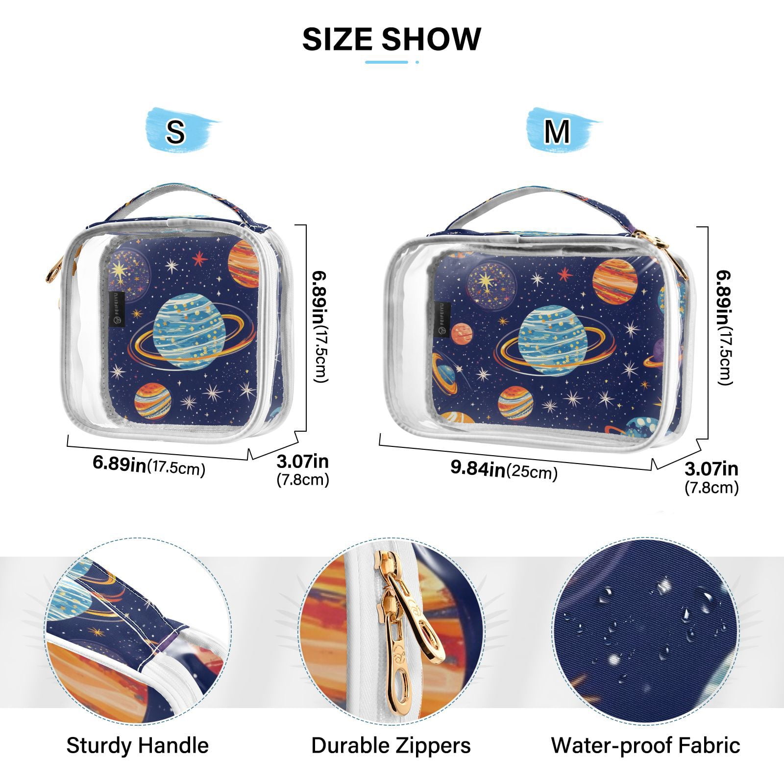 Clear Makeup Bags with Handle Large Opening 2 Pack Set Toiletry Bag Quart Size Bag, for Women Man Traveling Travel Essentials, Toiletries and Other. Planets