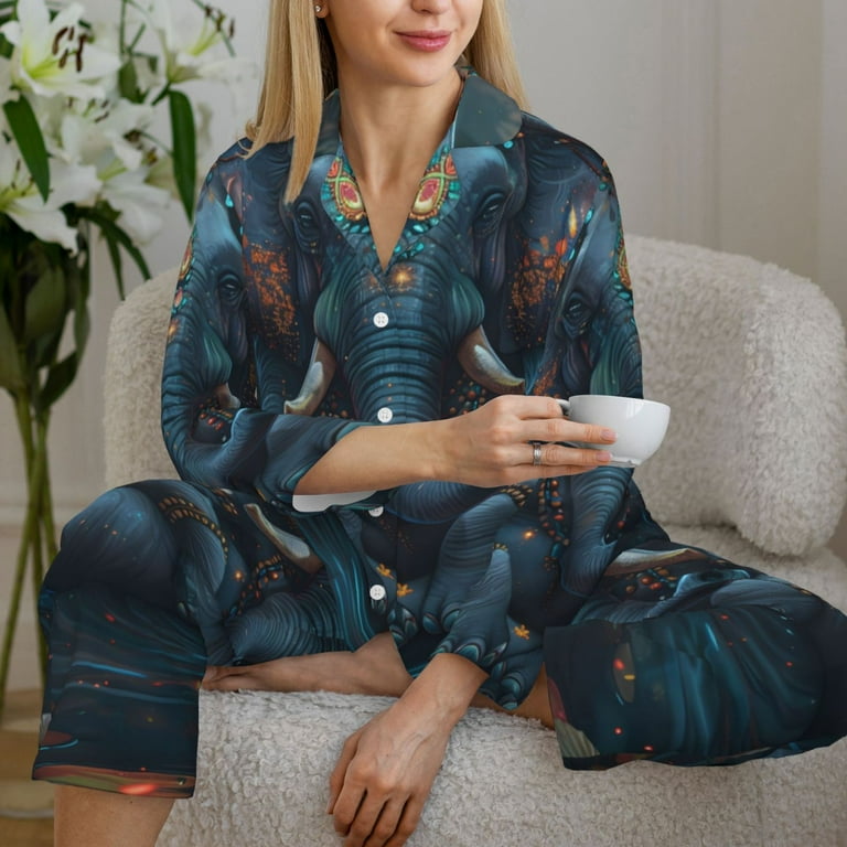 JUNZAN Exotic Elephant Print Womens Pajama Sets Long Sleeve Button Down for Women Pjs 2 piece