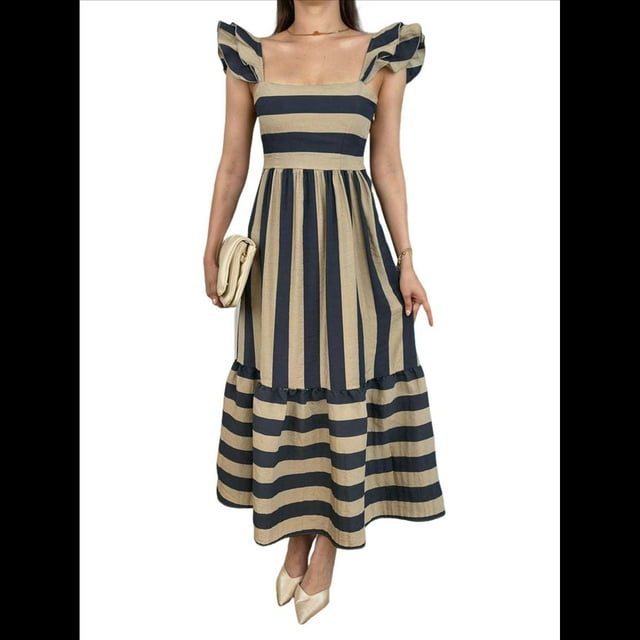 Robe Maxi d'Été 2025 pour Femme Sans Manches à Encolure Carrée, Dos Rayé, Smockée, Bohème, Fluide, Évasée, Longue G