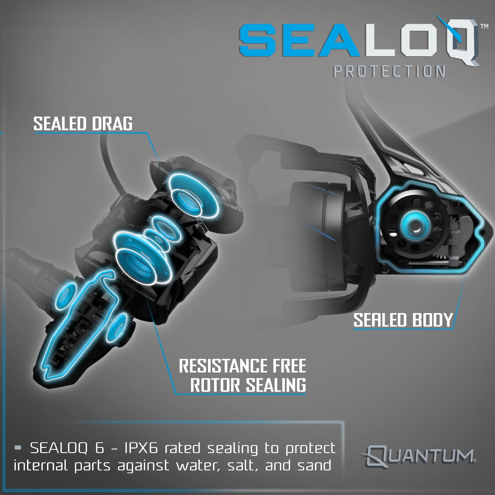 Quantum Benchmark Spinning Fishing Reel, Size 2500 Reel, 5+1 Bearings, 6.2:1 Gear Ratio, Aluminum Frame, SEALOQ 6 Protection, GEARTEQ Machined Gears, CFX200 Carbon Fiber Xtreme Drag, Silver/Blue