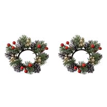 2pcs Artificial Pine Cones Berries Christmas Candle Ring, Rustic Table Centerpiece Wreath for Xmas Decor,Candle Holder Centerpiece with Pine Needles Leaves for Home Festival Family Celebration