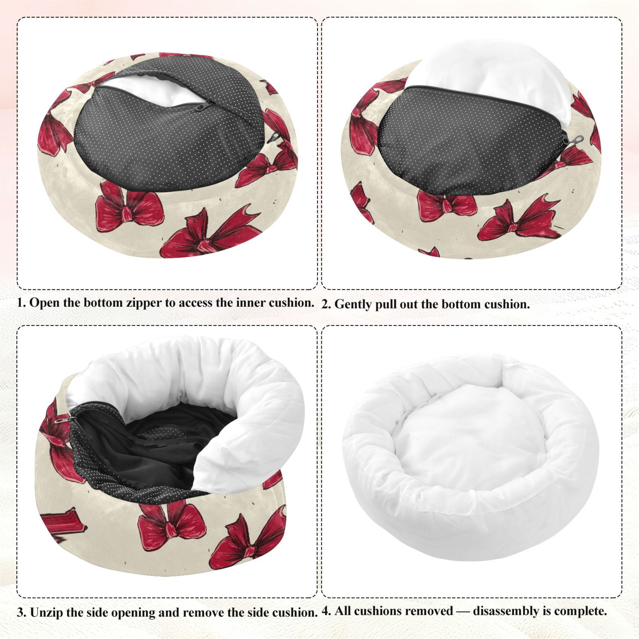 Iauyy Pet Couch Donut Cat Bed for Indoor Cats/Small Dogs Washable & Machine with Non-slip Bottom Calming Cat Furniture, Cream-colored Bow Tie (XS)