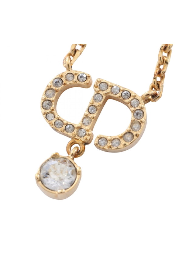 Pre-Owned Christian Dior Dior PETIT CD Necklace, Gold Plated (GP) Rhinestone, Women's, Tone,...