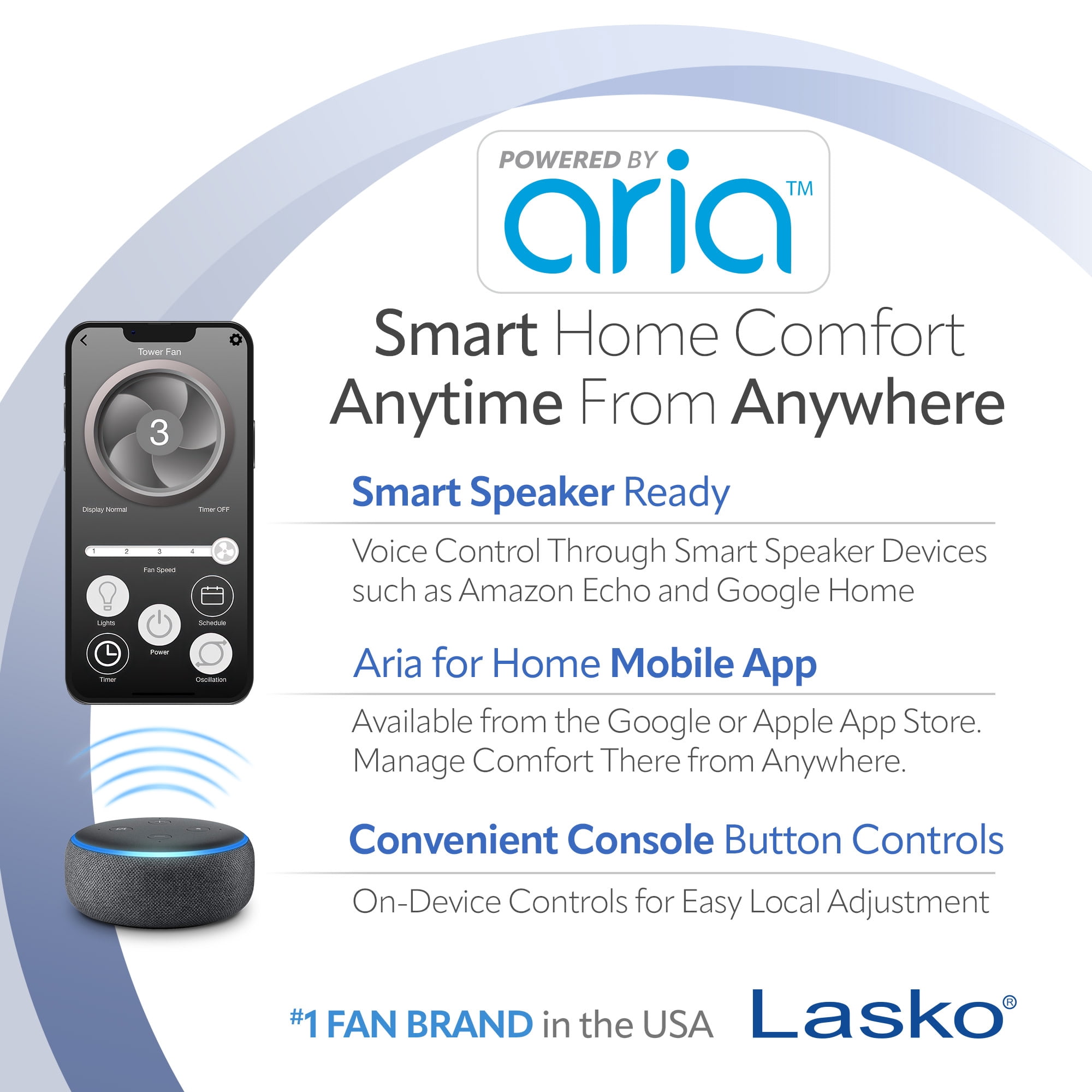 Lasko 40" 5-Speed Smart Tower Fan Powered by Aria, Wi-Fi Connected, Alexa, Google, Black, T40733