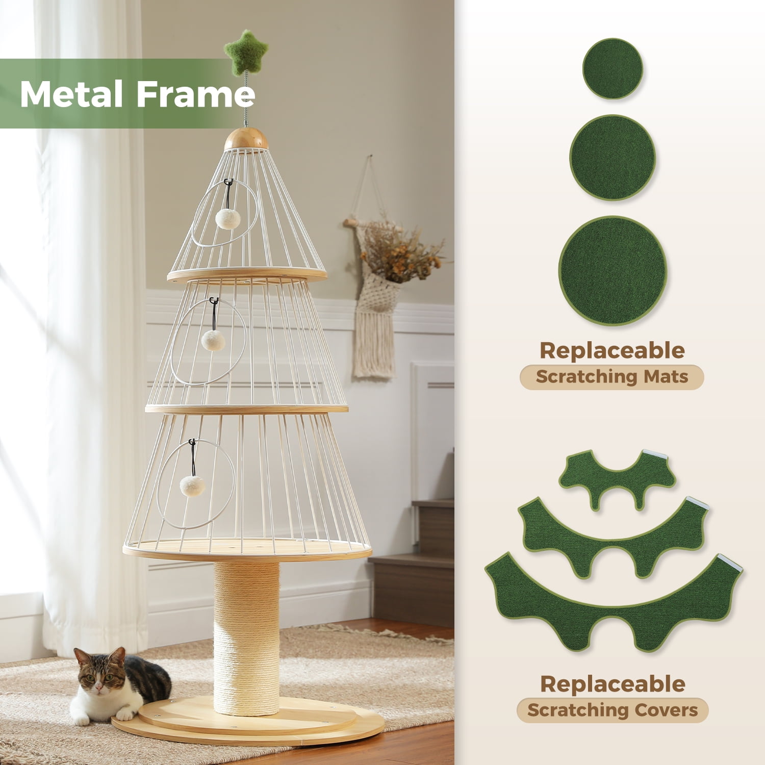 Pefilos 51" Modern Wood Cat Tree Tower, Cat Christmas Tree w/Thick Scratch Post(φ5.4in), 3 Condos-Heavy Duty Furniture w/Metal Frame & Replaceable Mat, Green
