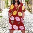 thumbnail image 2 of Red Background Floral Daisy Pattern Summer Sundress for Curve Women Casual Pattern Plus Size V Neck Short Sleeve Loose Fit Oversize Dresses, 2 of 5