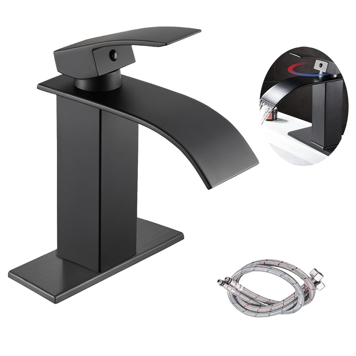Bathroom Sink Faucet Waterfall Spout Hold & Cold Mixer Tap Single Handle Modern Lavatory Vanity Sink Faucet with Hose Deck Plate for 1 or 3 Holes, Matte Black