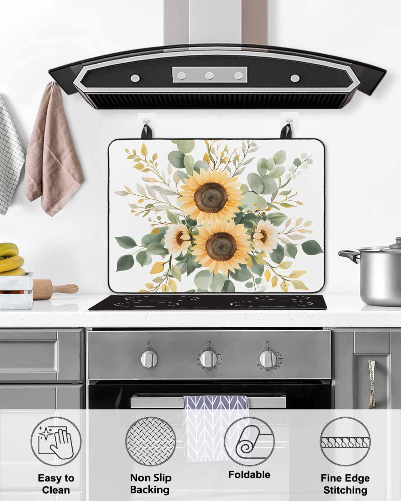 nqOlkjepod Large Induction Cooktop Protector Mat 24"x21", Sunflower Eucalyptus Stove Top Covers for Electric Stove, Sage Green Botanical Watercolor Stove Burner Cover Mats, Glass Top Stove Cover