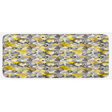 Grey and Yellow Kitchen Mat, Hand Drawn Sketchy Geometrical Retro Modern Circles Image Illustration, Plush Decorative Kitchen Mat with Non Slip Backing, 47" X 19", White Beige, by Ambesonne