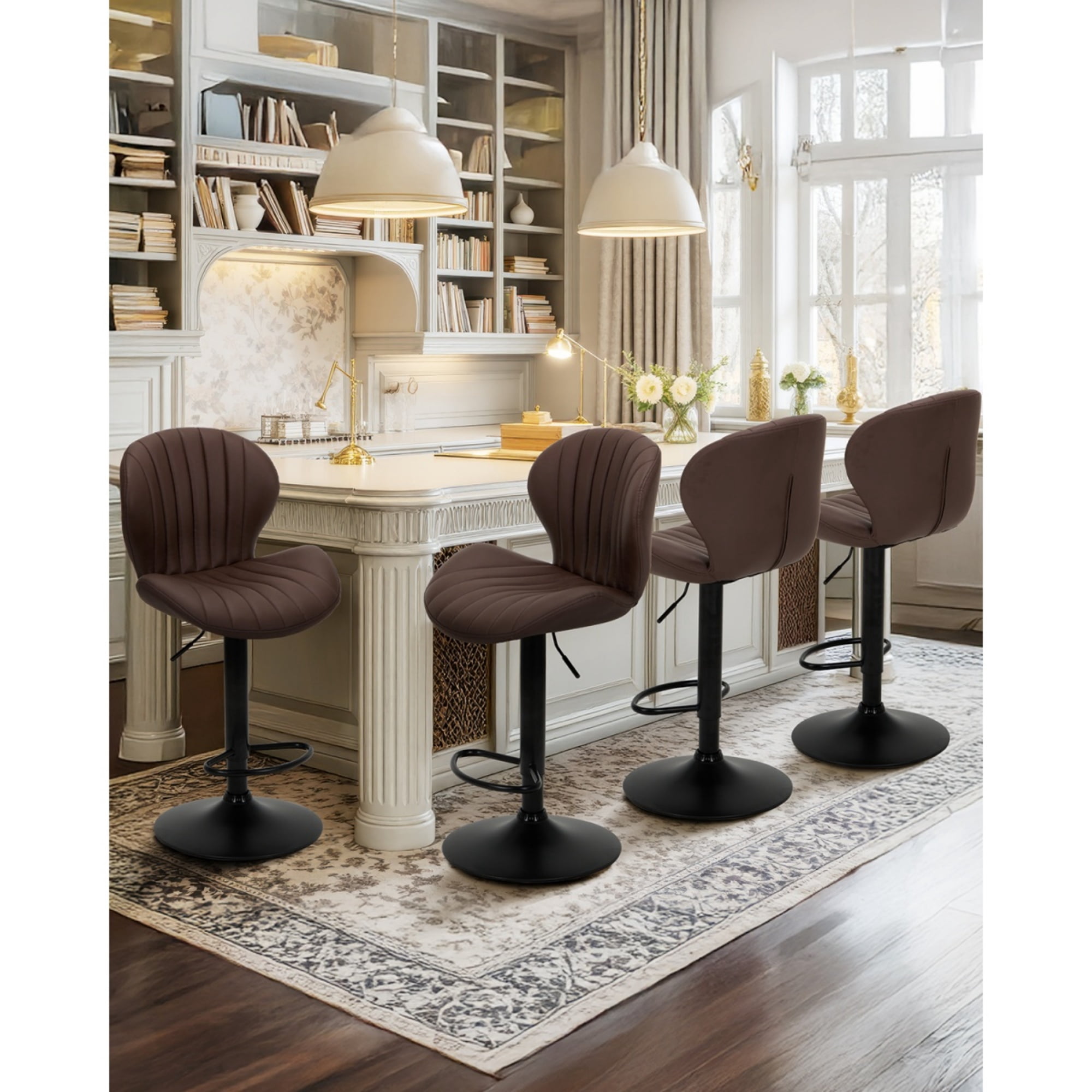 EOP Swivel Bar Stools Set of 2, Modern Upholstered Adjustable Height Counter Stools with Footrest, Faux Leather Upholstered BarStools with Metal Frame, Bar Chairs with Backrest, Brown