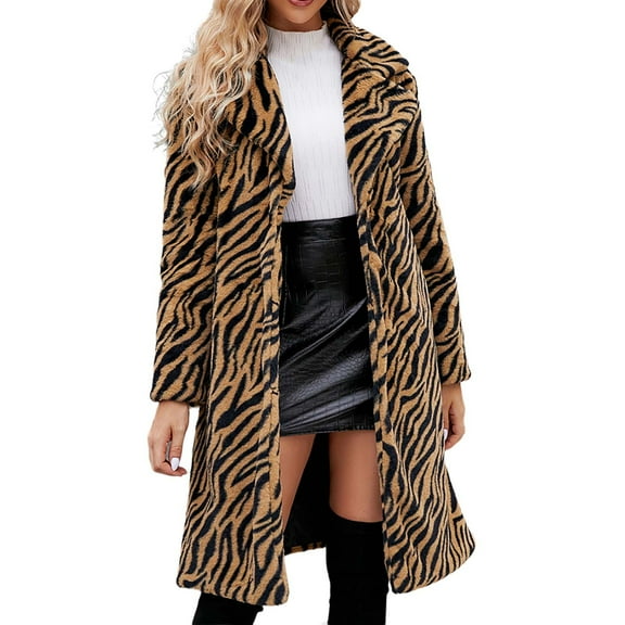 Bcresic Clearance,Womens Leopard Print Faux Fur Coat Winter Fashion Fuzzy Jacket Fleece Lined Fluffy Open Front Cardigan Long Jackets Lapel Trench Coats(Brown,L)