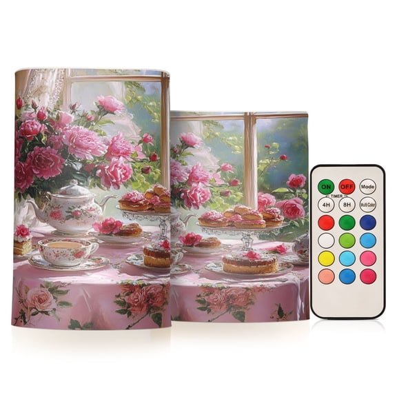 BZSMCE Flameless Candles LED Lights Tea Set with Pink Roses Creativity Battery Candles