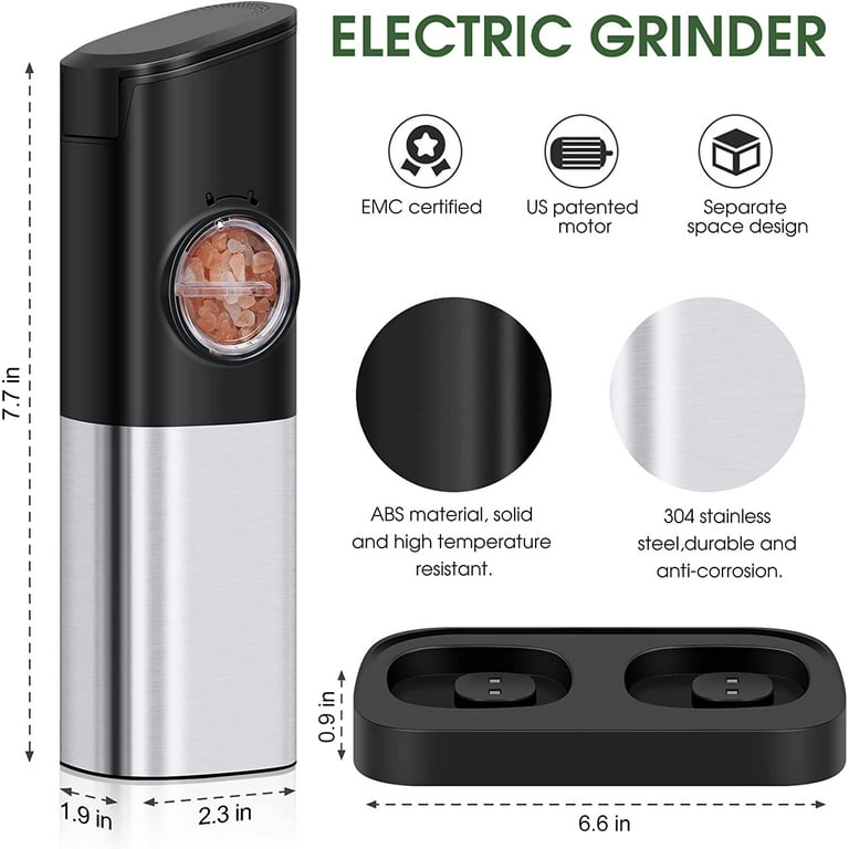 Electric Salt and Pepper Grinder Set - USB Rechargeable With Dual Charging  Base - Automatic One Hand Operation - Adjustable Coarseness & LED Light  Refillable 