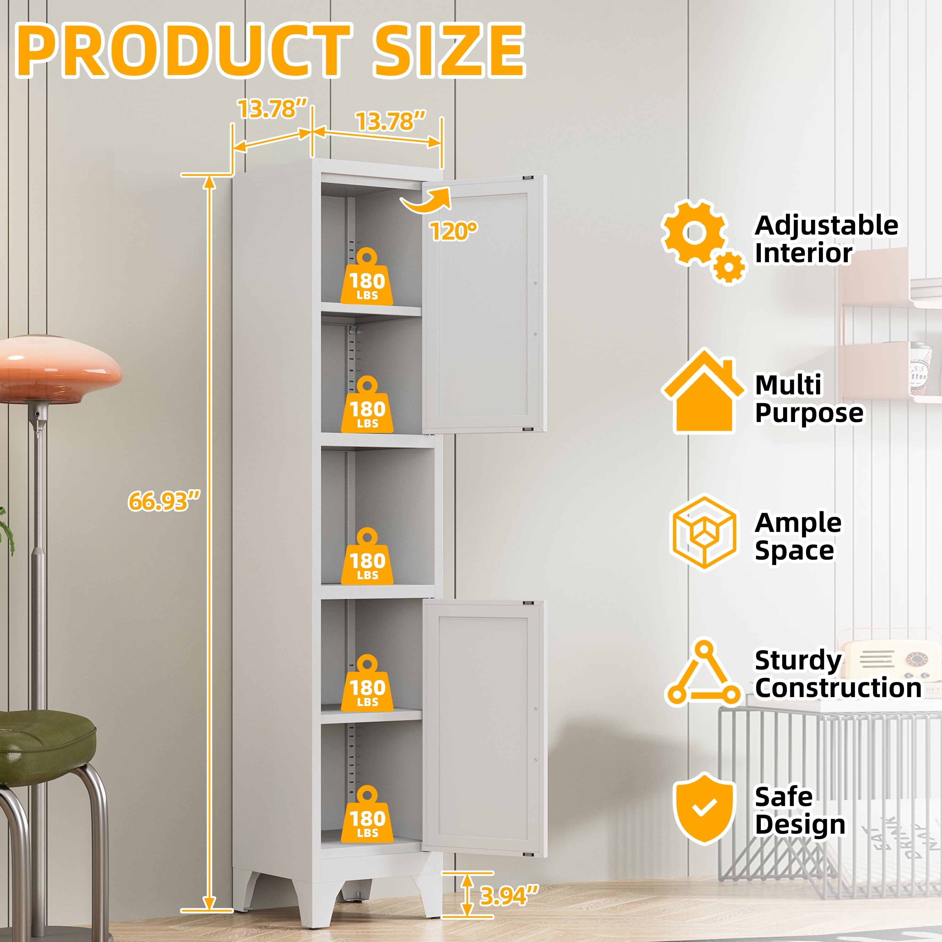 67" H White Metal Narrow Pantry Cabinet with 2 Doors and 2 Adjustable Shelves, 5 Tier Small Thin Storage Cabinet with Legs and Gold Handle for Kitchen,Home Office,Bath,Laundry,Easy Assembly