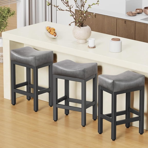 Counter Height Bar Stools Set of 3, 24 Inch Barstools for Kitchen Island Counter, Bonded Leather Kitchen Stools with Thick Saddle Seats & Heavy Duty Metal Base, Easy Assembly, Gray/Black