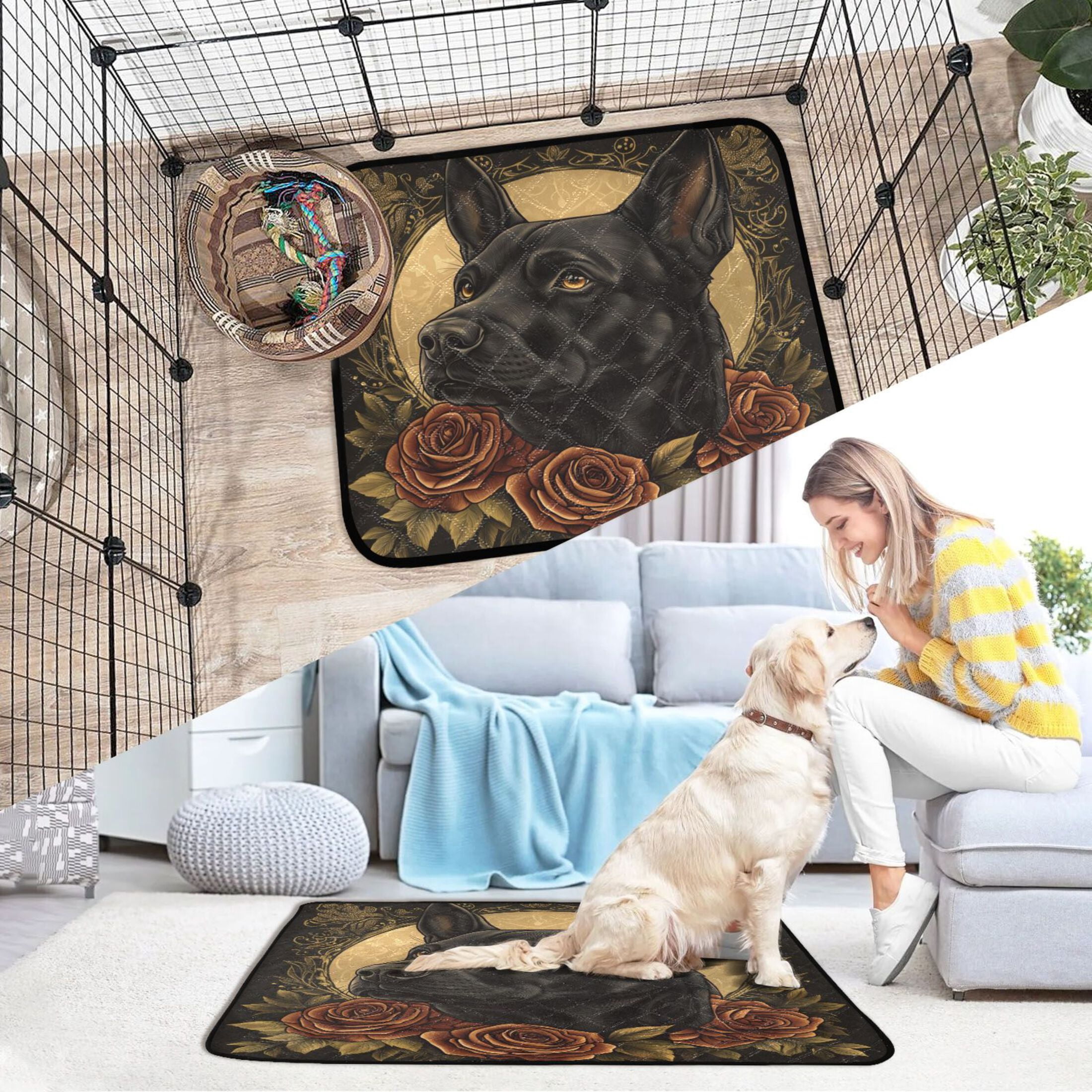 Qxltty The Black Dog with Red Rose Cat litter Pads Pet Set of 3 Diaper Mats Center Anti-leakage Layer Absorbent Soft and Comfortable
