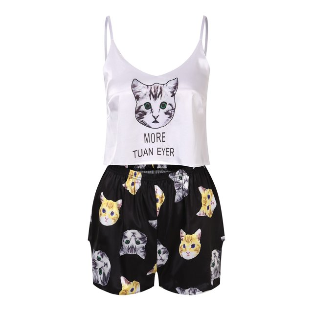 Gibobby conjuntos de pijama de calidad Pijama de seda de hielo europeo y americano de verano, pantalones cortos con tirantes para mujer, traje Sexy de seda fina informal, ropa de casa (Negro, M)