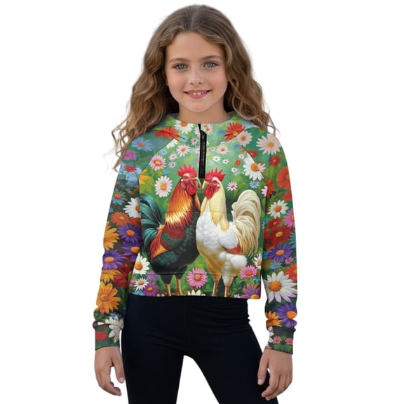 Xixirimido Rooster Colorful Daisy Flower Pattern Girls Half Zip Sweatshirt Hooded Pullover for Teen Long Sleeve Hoodie Crop Tops with Pocket Fall Winter Clothes Size 11-12