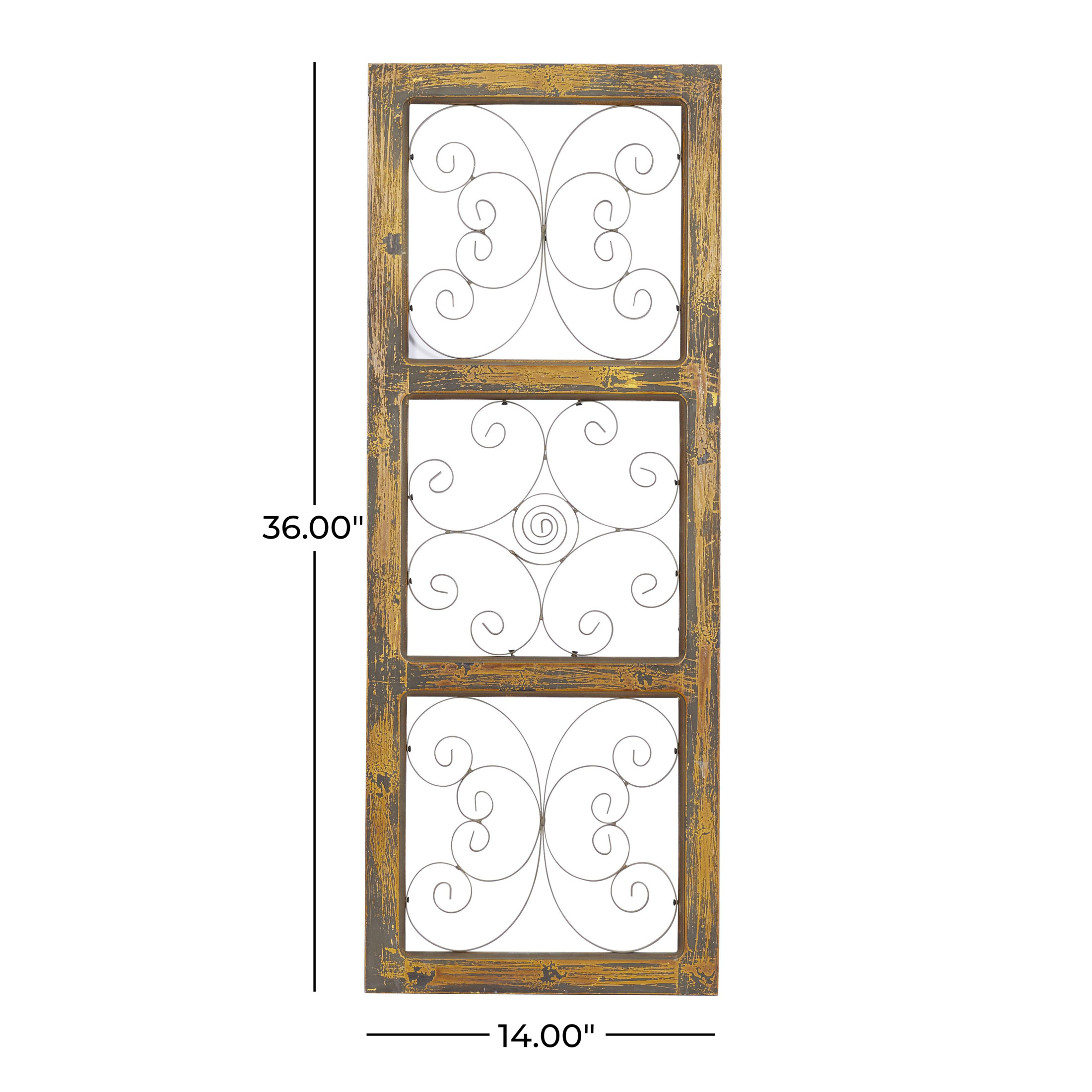 DecMode Brown Wood Distressed Panel Scroll Wall Decor with Bronze Metal Scrollwork