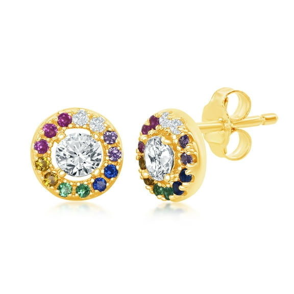 Sterling Silver 14K Gold over Silver Rainbow CZ Border Stud Earrings