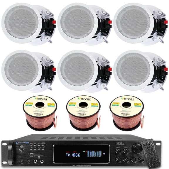 Home Theater Sound System Kit - 7.2 Channel 1500 Watts Bluetooth Amplifier w/ 6 QTY of 8" Framed Ceiling Speakers 300 W Each, 300 ft Speaker Wire & Remote for Home,Office, Restaurant by Technical Pro