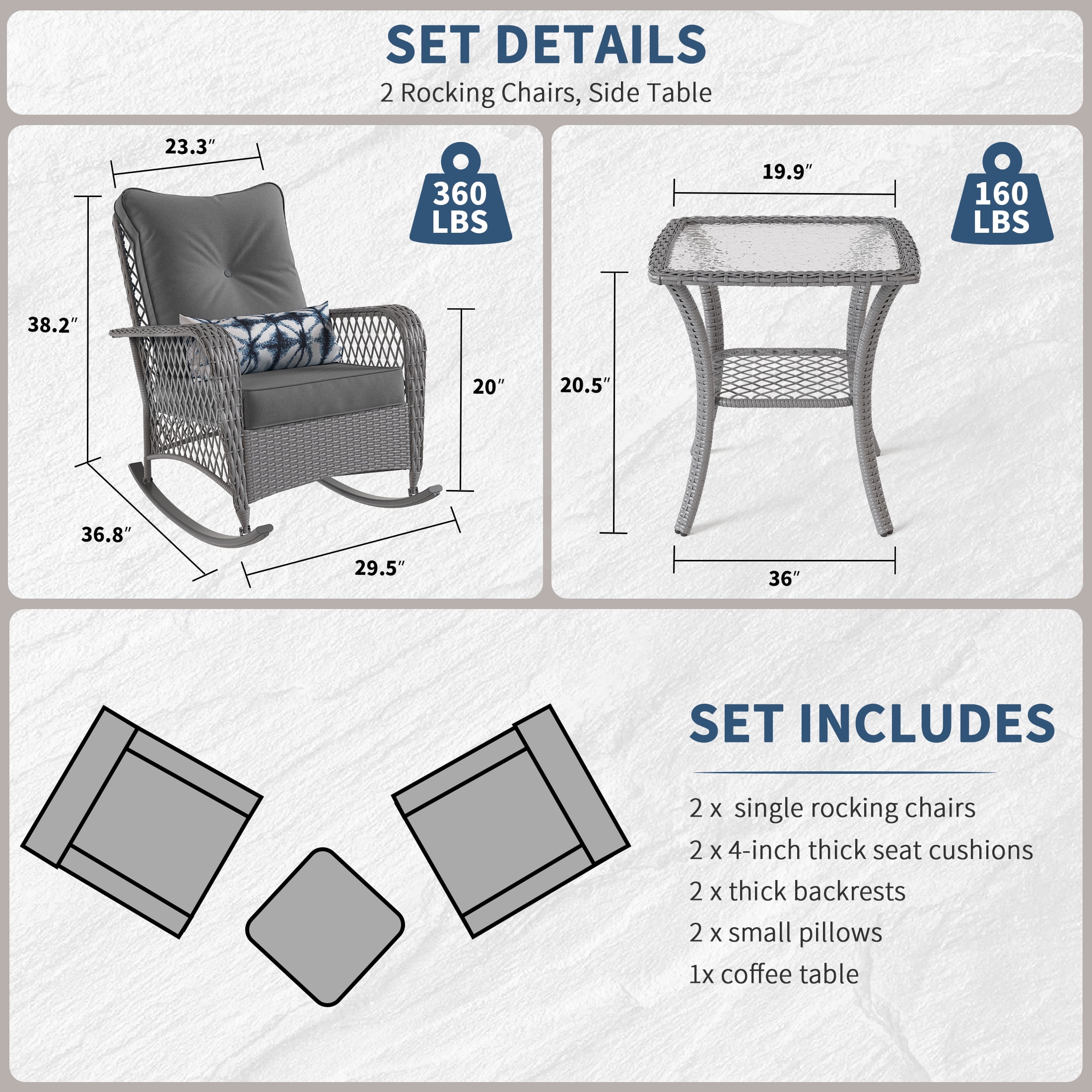 Poteban 3-Piece Outdoor Rocking Chairs, Wicker Patio Furniture with Thickened Cushions and Table for Porch (Gray)