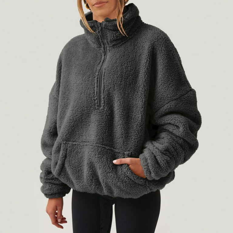 DENGDENG Pullover Womens Quarter Zip High Neck Fluffy Fleece Sherpa Sweaters Sweatshirt Winter Warm Fuzzy Top Gray S Walmart