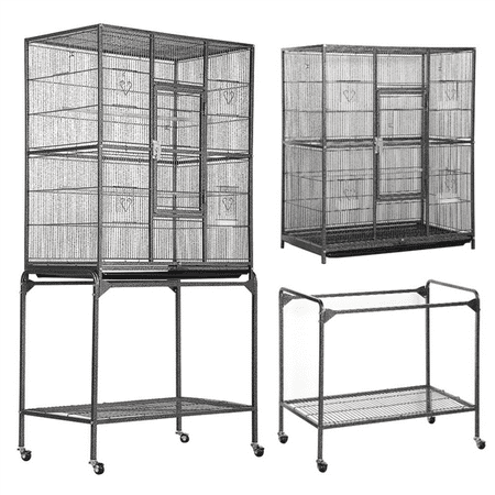 - 63'' H Large Rolling Metal Parrot Cage with Detachable Stand,Black