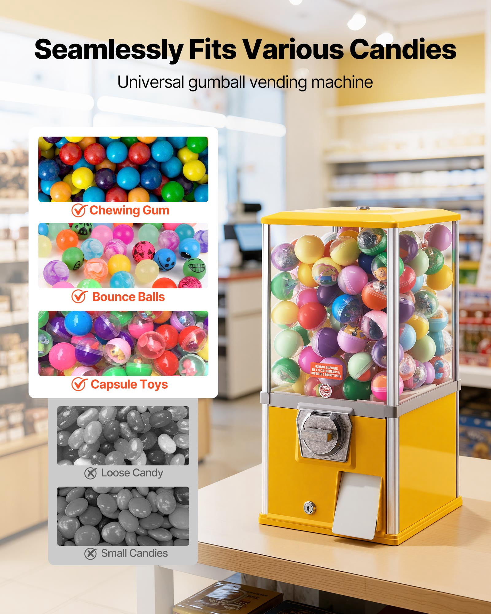 VEVOR Gumball Machine, 21 inch Height Candy Vending Machine Dispenser, 25-Cent Vending Machines for Shopping Malls, Supermarkets, Amusement Parks, Arcades, Holds Up to 180 1.77 inch Spherical Candies