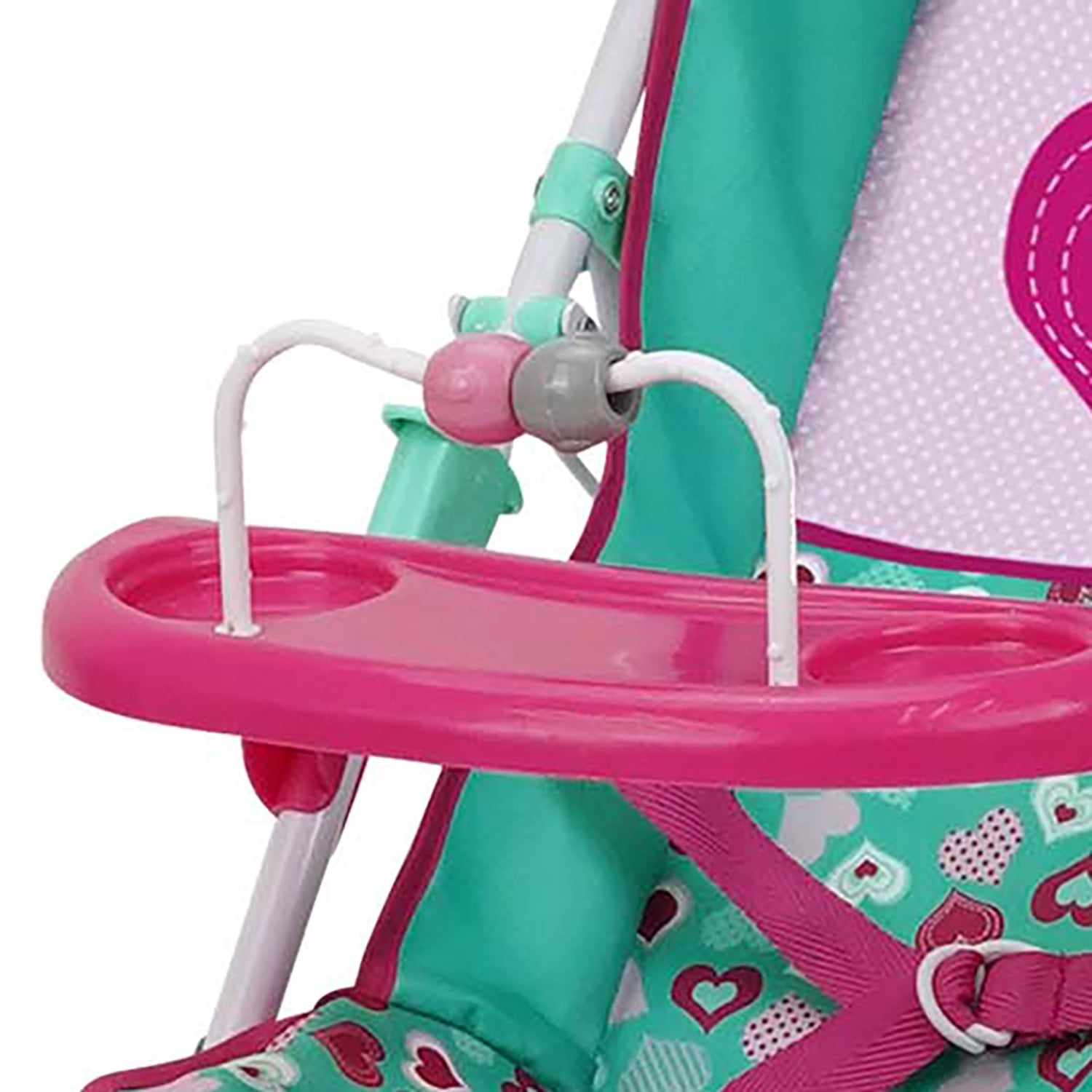 509 Crew: Mint Heart - Sarah Doll Stroller - Hot Pink & Green, Cup Holder, Tray Play, Storage Basket, Folding Accessory, Pretend Play Toy, Kids 3+