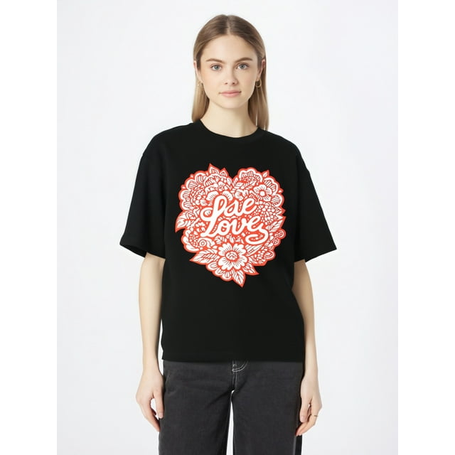 Camiseta Para Mujer De Verano Cuello RedondoWomen'S Summer Casual T-Shirt Fashion Valentine'S Day Romantic Love Cartoon Cute Doodle Heart FlowerCamisetas de verano para mujer, manga corta, cuello re