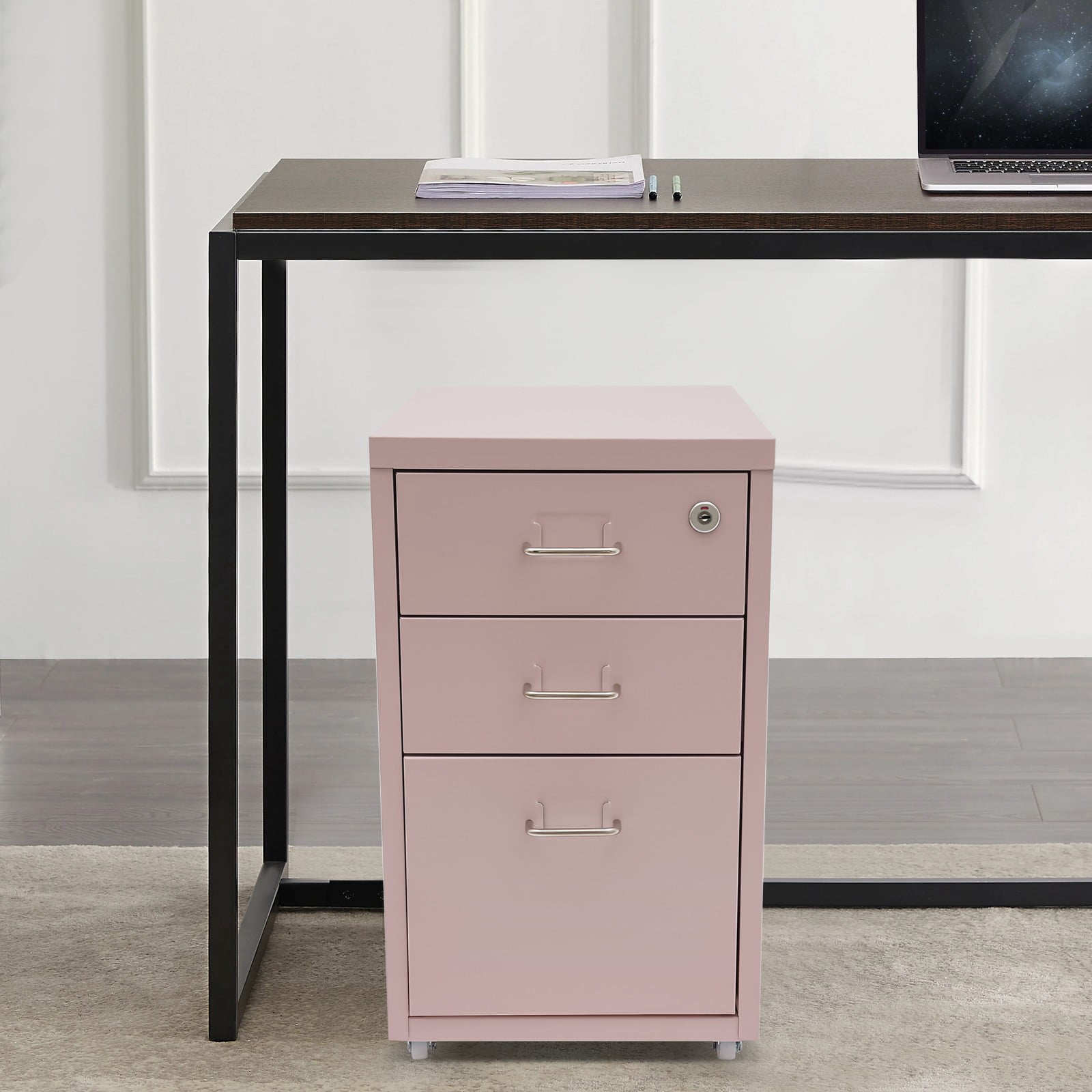 Shangmakel 3-Drawer Metal Vertical File Cabinet, Narrow Mobile File Cabinet with Lock and 2 Keys, Under Desk Storage Drawer for Study Home 11 * 16 * 18.3in