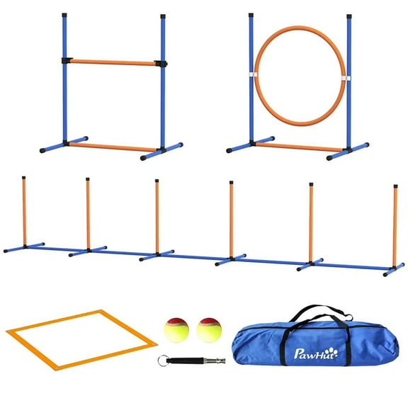 Topcobe 4 Pcs Agility Training Equipment for Dogs w/ Weave Poles Adjustable Hurdle Jumping Ring, Pause Box for Backyard, Dog Obstacle Course Training Starter Kit, Pet Outdoor Game