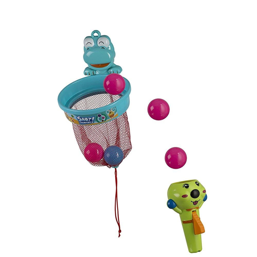 flying ball & hoop baby bath toy with suction cups and shower rod hooks