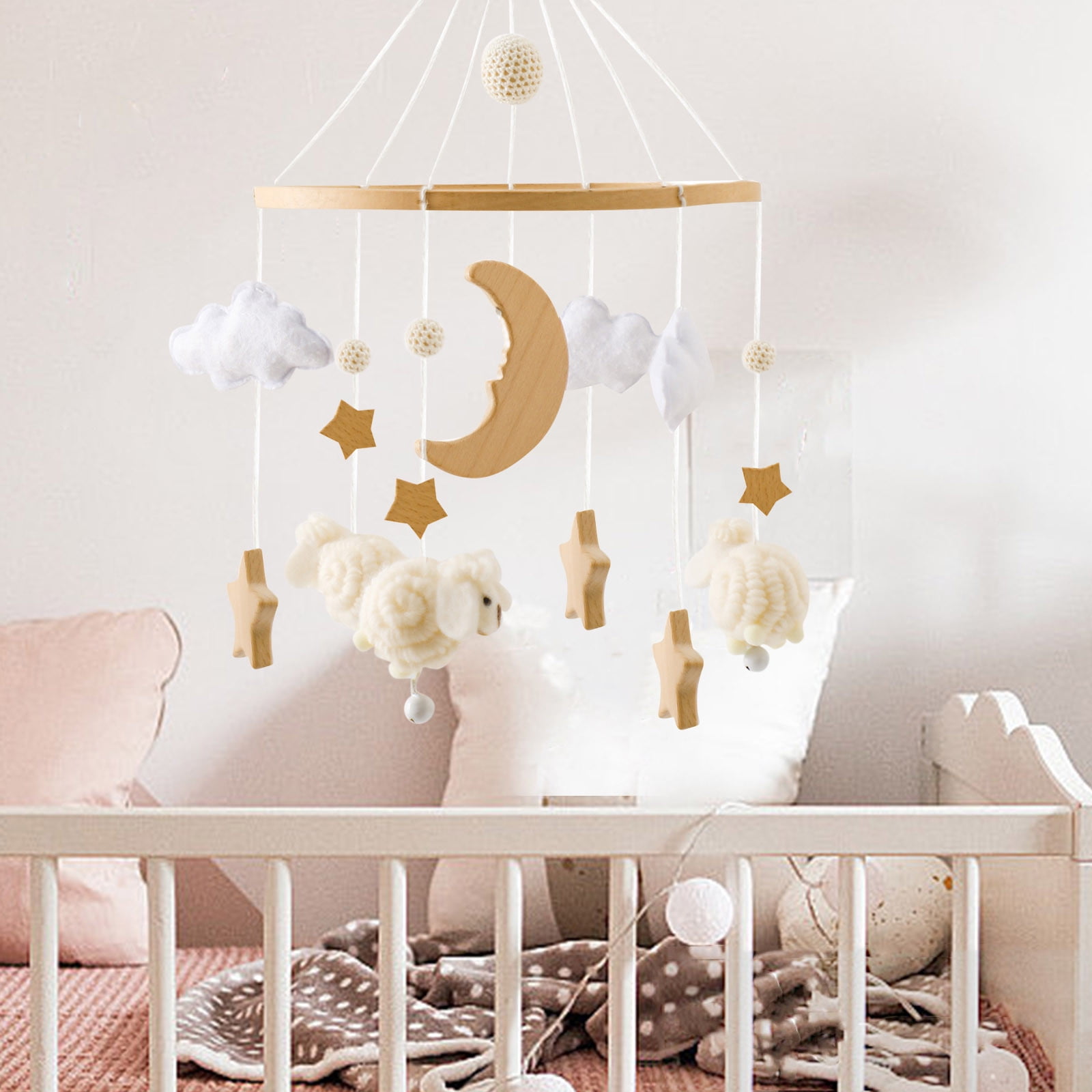 Baby Crib Mobile, Gaqring Handmade Wooden Felt Mobile for Newborns, Natural Bamboo Fiber Hanging Wind Chime Bed Decor Safe Soft Nursery Gift, Beige
