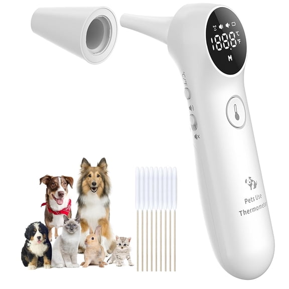 MINDPET-MED Pet Ear Thermometer for Dogs, Cats, and Livestock, Long Probe Designed, ℃/ ℉ Convert and Sound Switch Dedicated Button, 1 Second Measurement, 20 pcs Pet Swabs Included