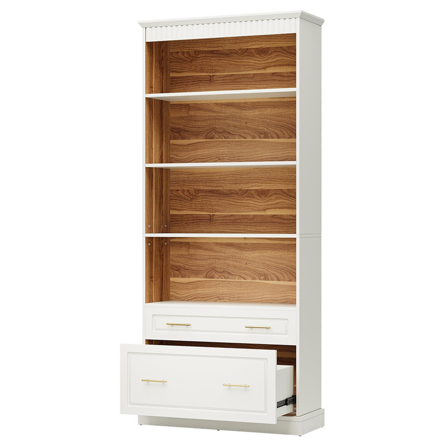 Demi Bonn 5 Tier Bookcase with Storage Drawer, Wood Bookshelf Storage Organizer, 72" Tall Display Standing Shelf Unit for Bedroom, Living Room, White
