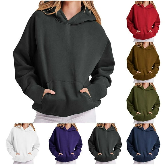 HomeDM Women's Pullover Hoodie Tops Soft Lightweight Long Sleeve Kangaroo Pocket Solid Color Basic Casual Sweatshirts
