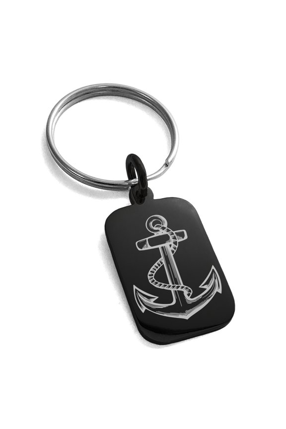 Stainless Steel Mariner Nautical Anchor Engraved Small Rectangle Dog Tag Charm Keychain Keyring