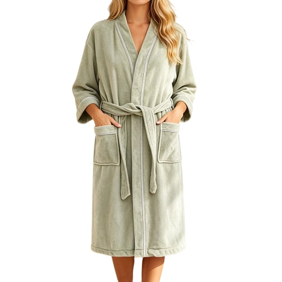 FAIWAD Women's Plush Bath Robe Fluffy Fleece Wrap Robe with Pockets 3/4 Sleeve Lounge Wear