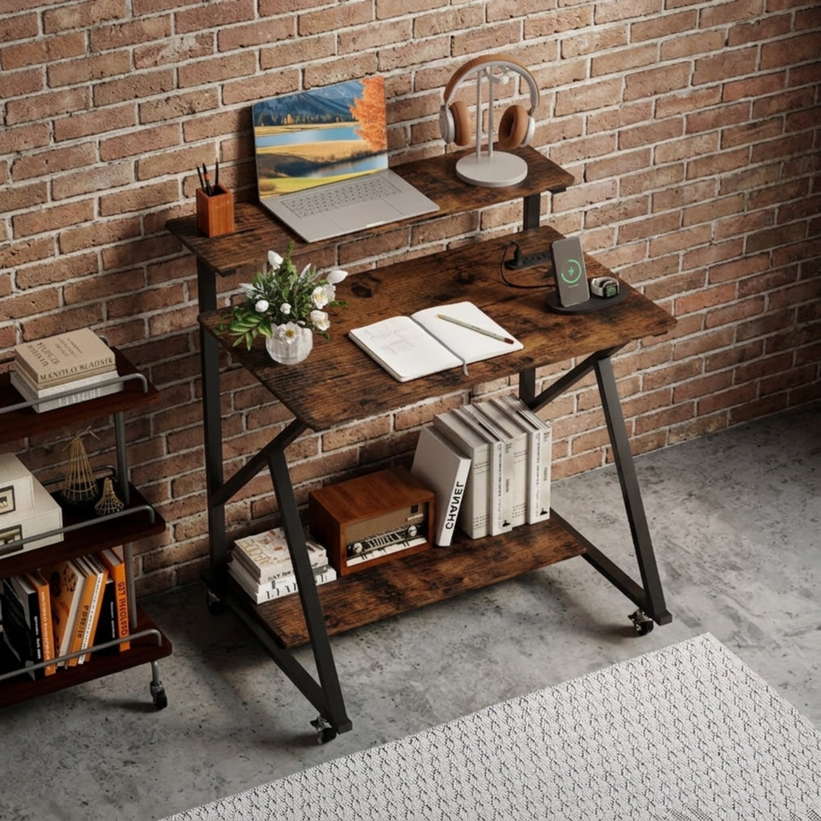 Furnibear 32 Inch Rolling Computer Desk for Small Spaces With Power Outlets and Monitor Shelf, Compact Home Office Desk on Wheels, Rustic Brown