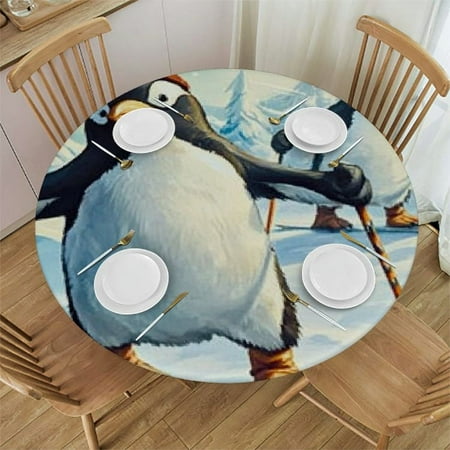 

Patifu Penguins Skiing Snow Round Table Cover Stain Resistant Washable Indoor Outdoor Tablecloth Kitchen Dining Wedding Parties 100% Polyester Waterproof Fabric 38 -42