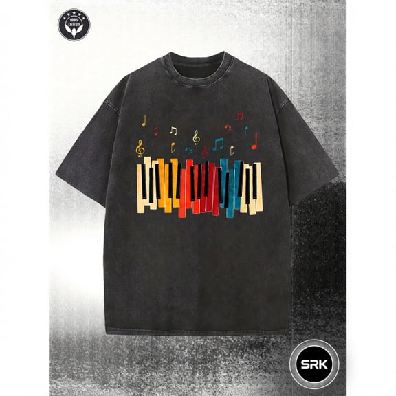 Washed Colorful Piano Keys And Music Notes Vintage Oversized Grunge Y2K Short Sleeve Crewneck Cotton Unisex Men's Women's Tee Shirt