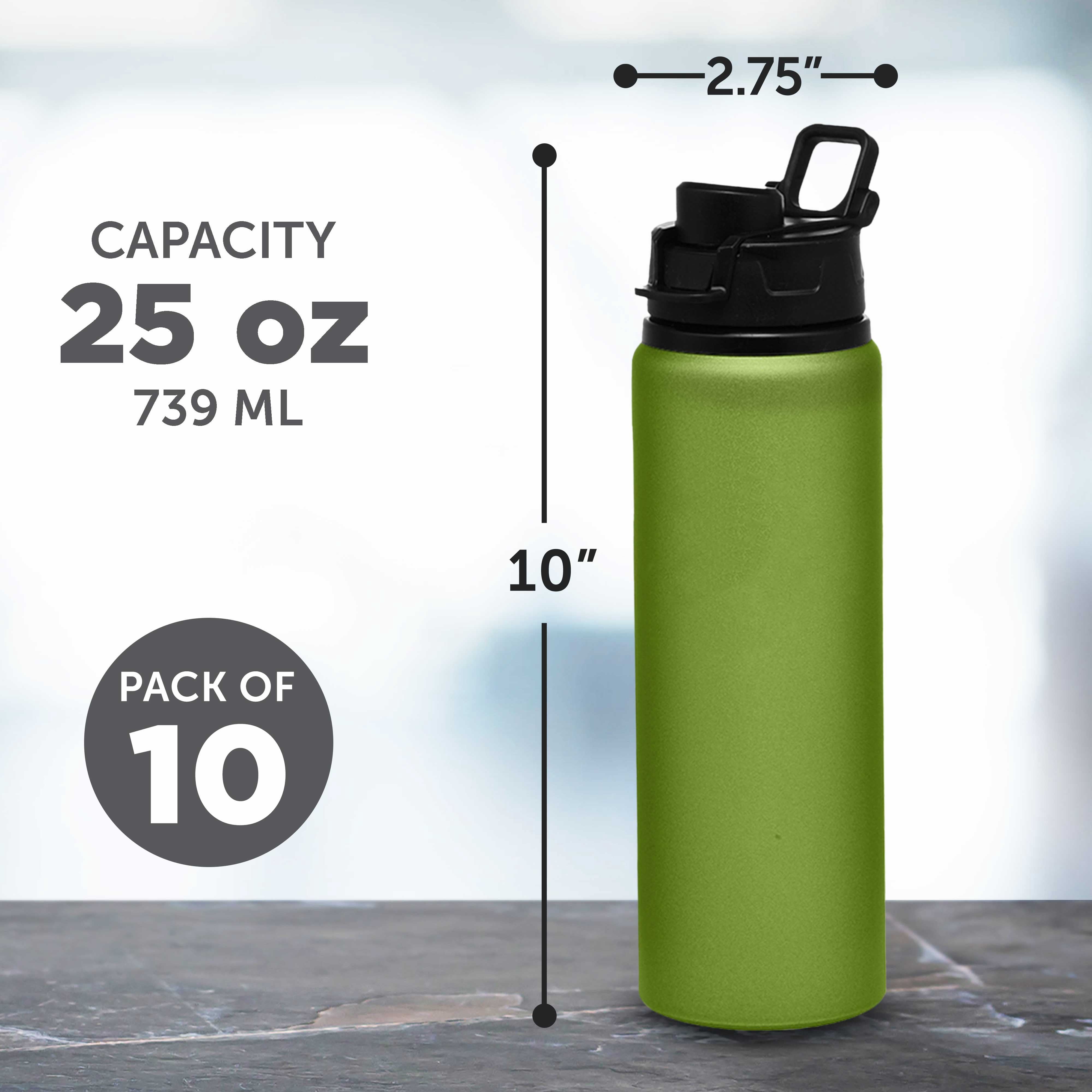 Aluminum Water Bottles with Snap Lids 25 oz. Set of 10, Bulk Pack - Reusable, Great for Gym, Hiking, Cycling, For School - Green