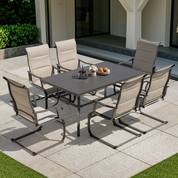 Nuu Garden 7-Piece Outdoor Patio Dining Set with Umbrella Hole, 61'' x 37'' Metal Table & 6 Textilene Chairs with C-Spring Motion, Weather-Resistant Low-Maintenance Furniture, Beige and Gray