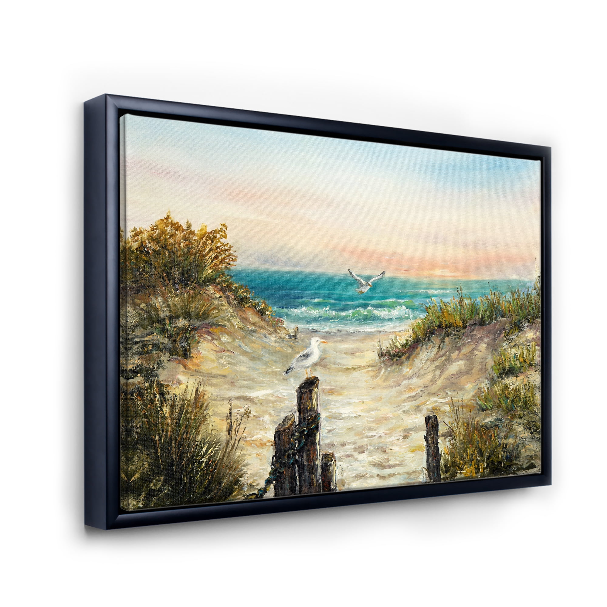 Ocean Dunes During Pink Sinset on Beach 32 in x 24 in Framed Painting Canvas Art Print, by Designart